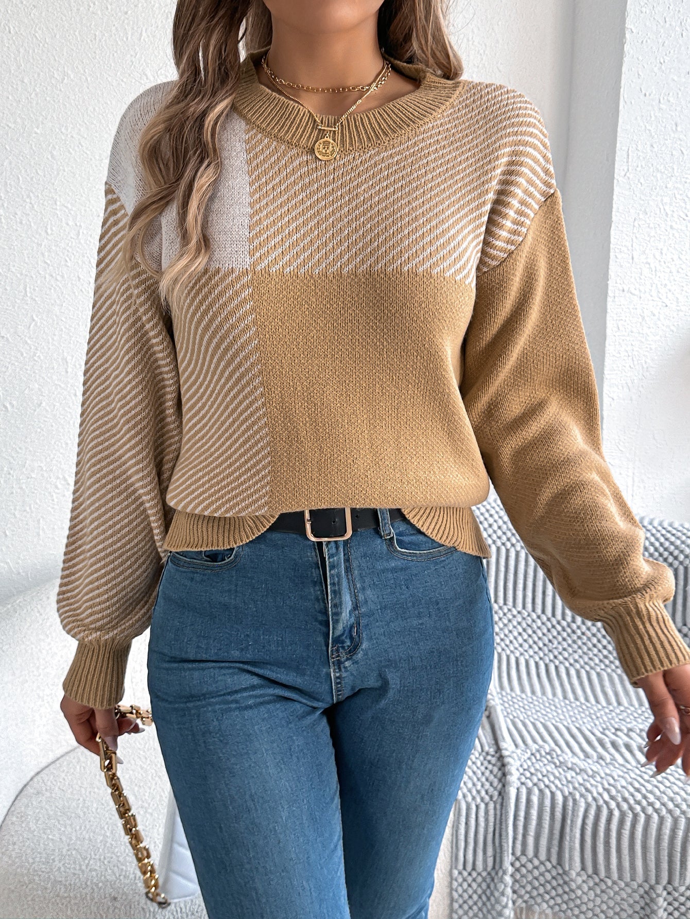 Women Casual Color Block Plaid Long Sleeve Pullover Sweater