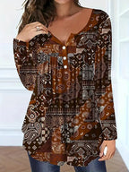 Loose-fit Buttoned V-neck Top Women's T-shirt