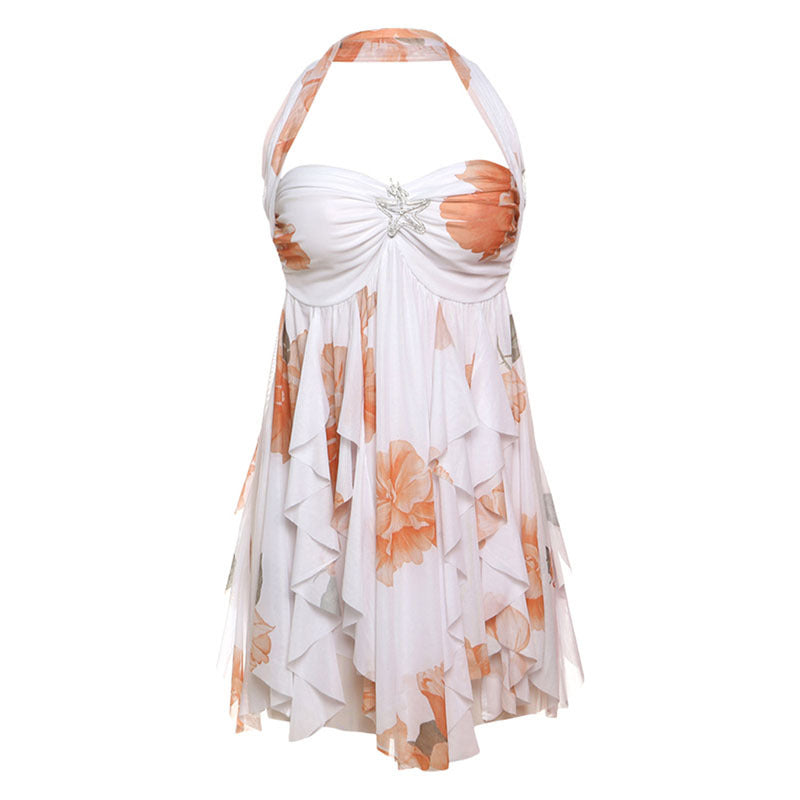 Ins Halter Neck Backless Dress Summer Sexy Printed Irregular Mesh Short Dresses For Evening Party Club Women's Clothing