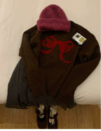 Round-neck Pullover Black Sweater With Bow Detailloose-fitting Comfy Knit Top