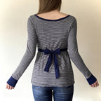 Lace-trimmed Faux Two-piece Striped High-waist Long-sleeve Versatile Top