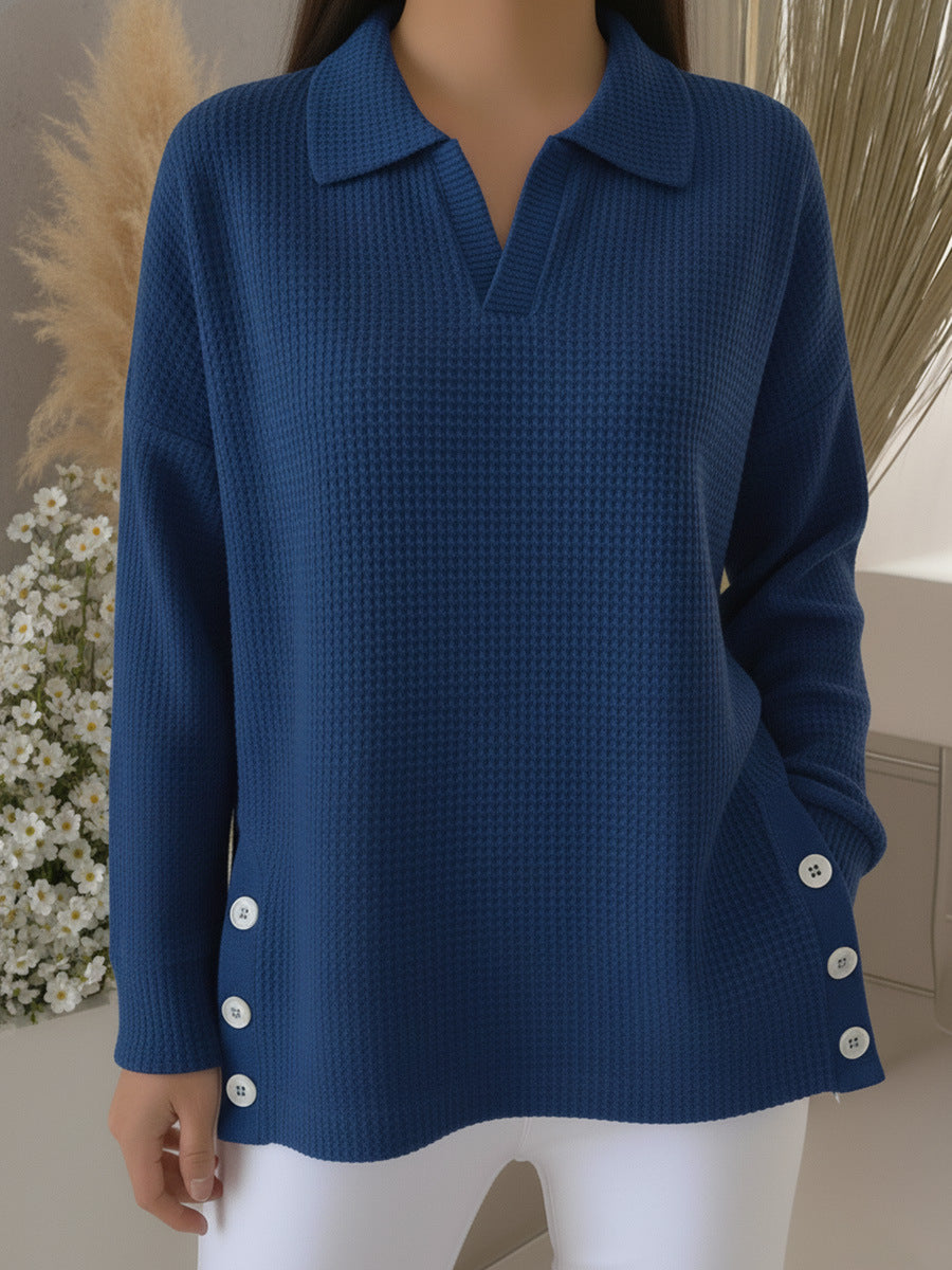 Women's Solid-Color Lapel Pullover Long-Sleeve Top