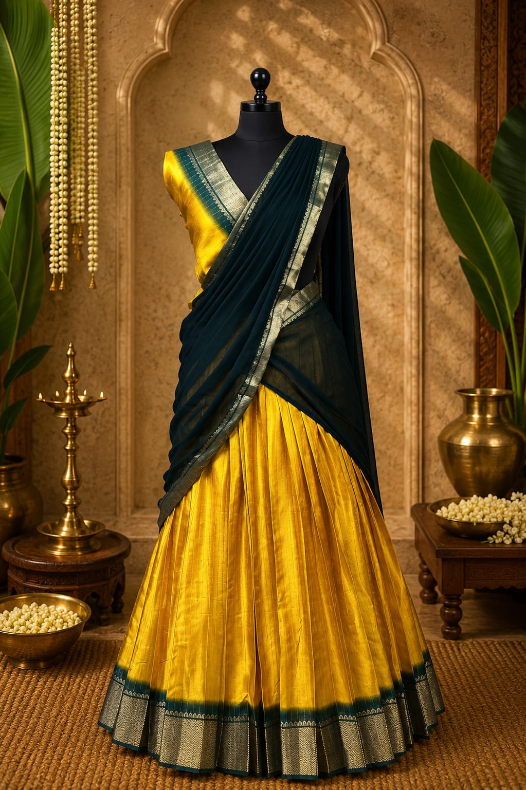 Mustard Yellow Silk Half Saree Lehenga Set | Dark Green Dupatta | Gold Zari Border | Unstitched Blouse | One Size | Made in Kerala