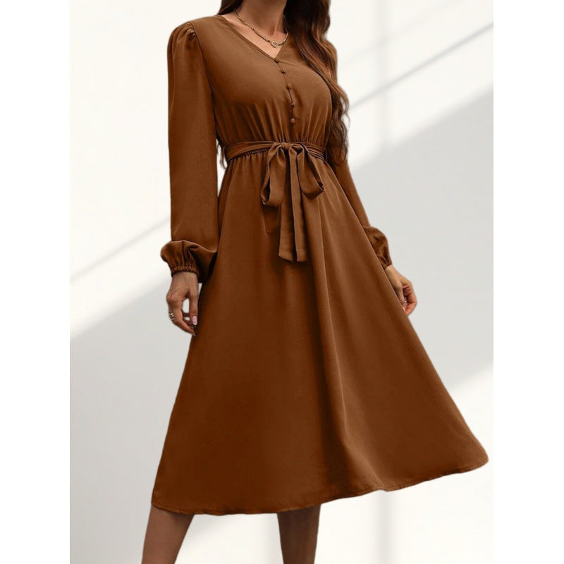 Solid-color Collar Long-sleeve Dress