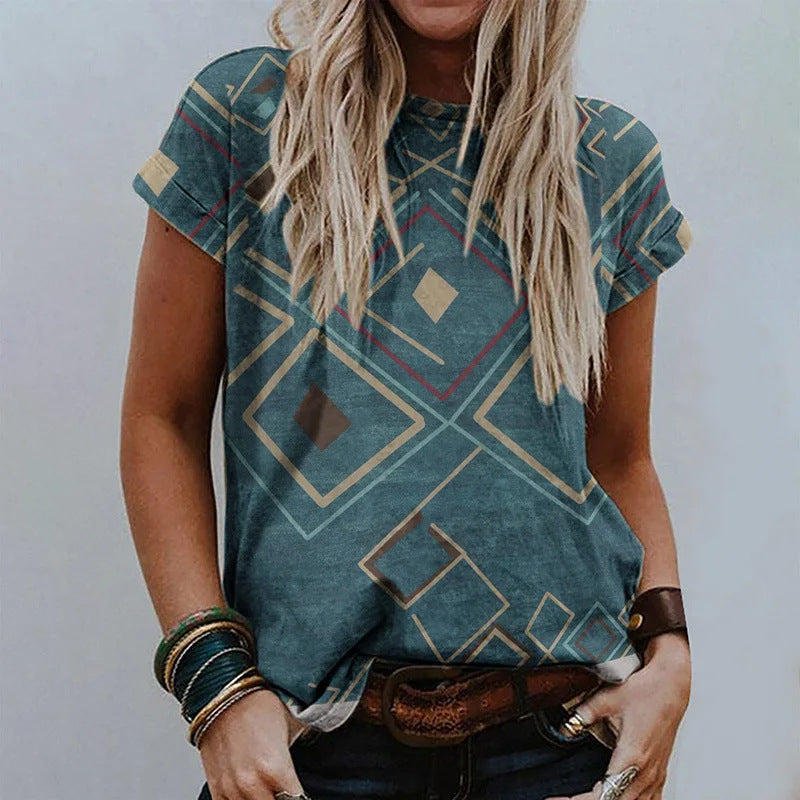 Women's Retro Floral-print Short-sleeve Top