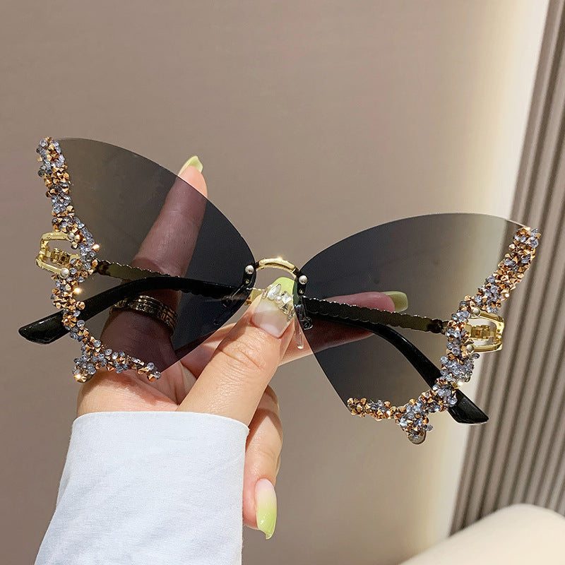 Luxus Diamant Schmetterling Sonnenbrille Damen Marke Y2K Vintage Randlose Oversized Sonnenbrille Damen Brillen Shades