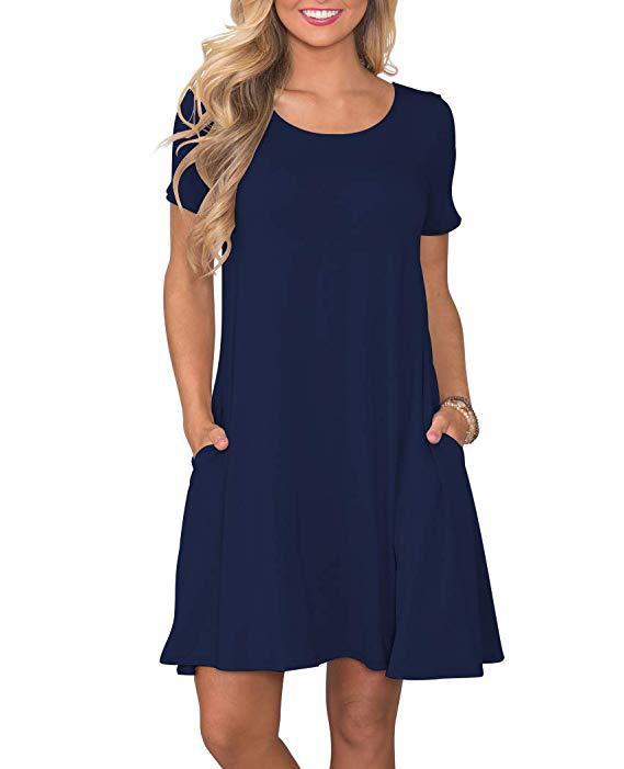 New Women's Round-neck Solid-color Casual Short-sleeve Swing Dress With Pockets