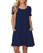 New Women's Round-neck Solid-color Casual Short-sleeve Swing Dress With Pockets