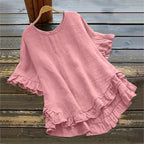 Arrival Solid-color Cotton-linen Loose-fit Round-neck Blouse With Ruffled Hem
