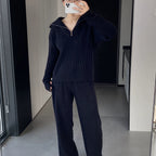 Turtleneck Zipper Lapel Pullover Long Sleeve Sweater Wide Leg Pants Two-piece Set