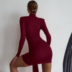 Spicy Girl Style High Neck Long Sleeve Hugging Waist Cinching Tie Front Hip Hugging Mini Dress