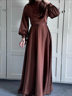 Women's Satin Plunge Neck Long Sleeve Maxi Dress - Elegant Evening Gown