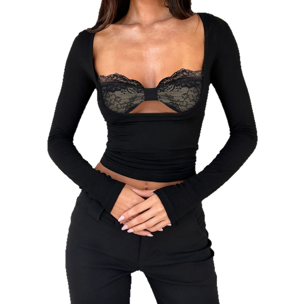 Lace-Panel Fake Two-Piece Hollow-out Long-Sleeve Top For Women