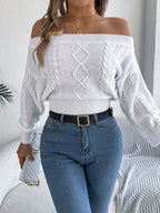Women Casual Solid Color Off-Shoulder V-Neck Long Sleeve Pullover Sweater