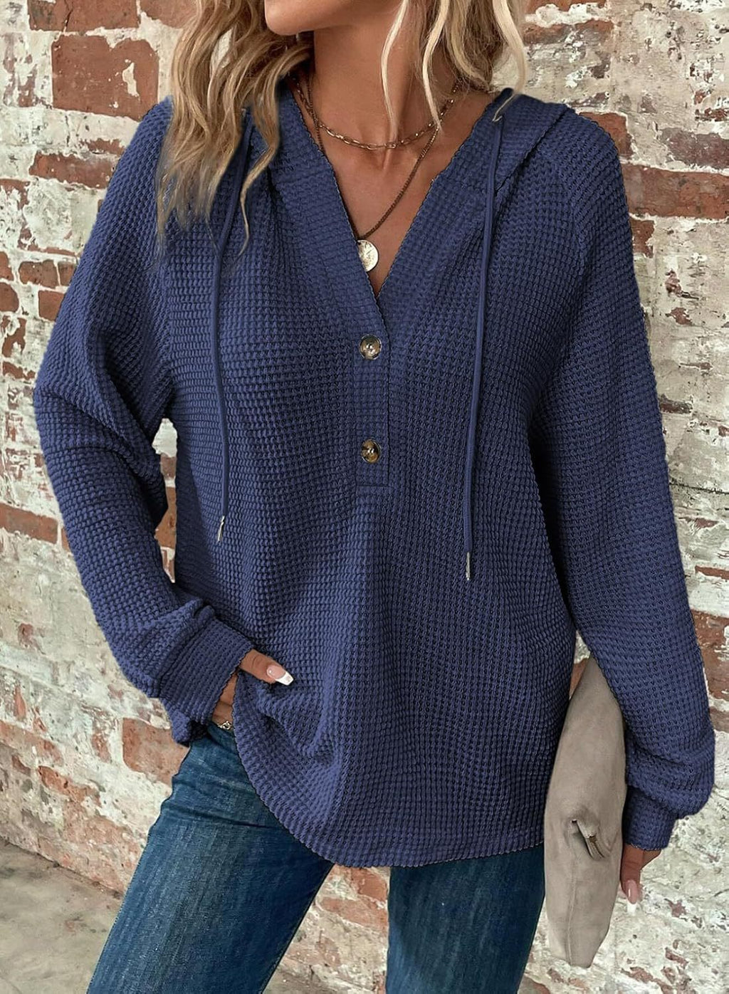 Waffle Hooded Sweater Sweatshirt Fashion Casual Long-sleeved Drawstring V-neck Buttons Top Women's Clothing