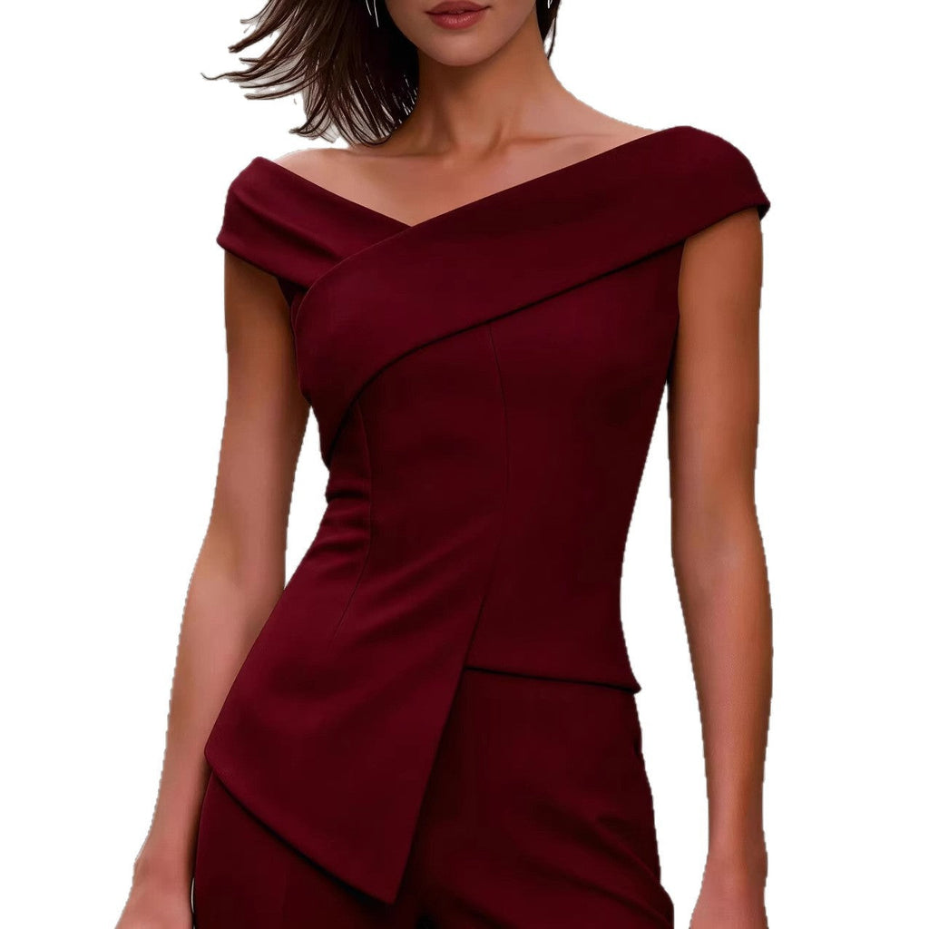 Womens Solid-Color Fashion Off-Shoulder Cross V-Neck Asymmetrical Top
