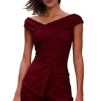 Womens Solid-Color Fashion Off-Shoulder Cross V-Neck Asymmetrical Top
