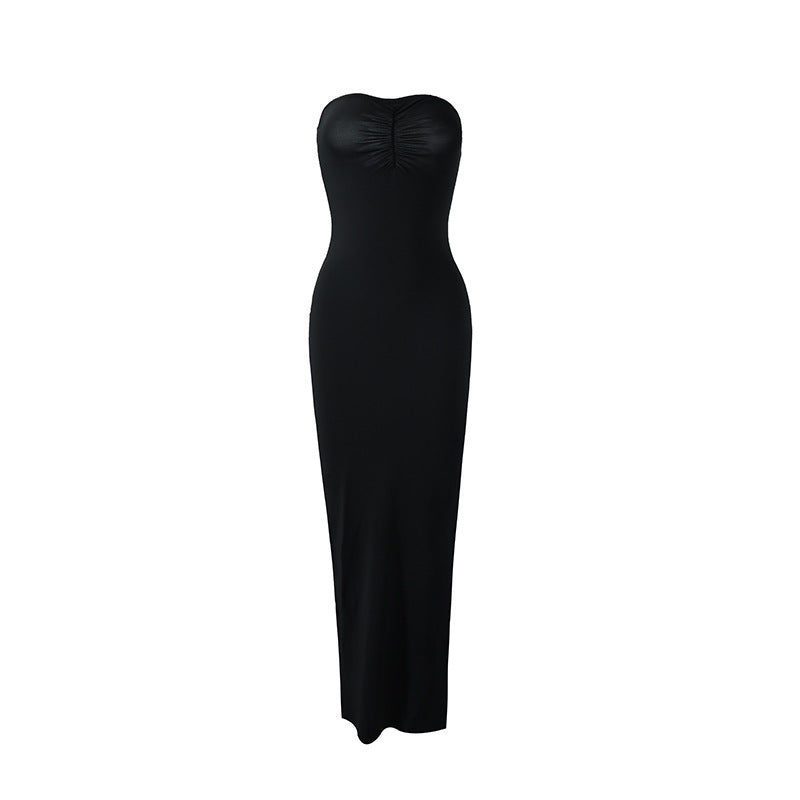 Spicy Girl Style Tube Top Bodycon Side-Slit Long Solid-Color Dress