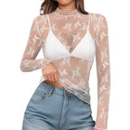 Women's Semi High Neck Sheer Long Sleeve TShirt Sexy Y2K Mesh Top