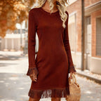 Women's Creative Retro Printed Comfortable Soft Crew-Neck Slim-Fit Fringed Dress