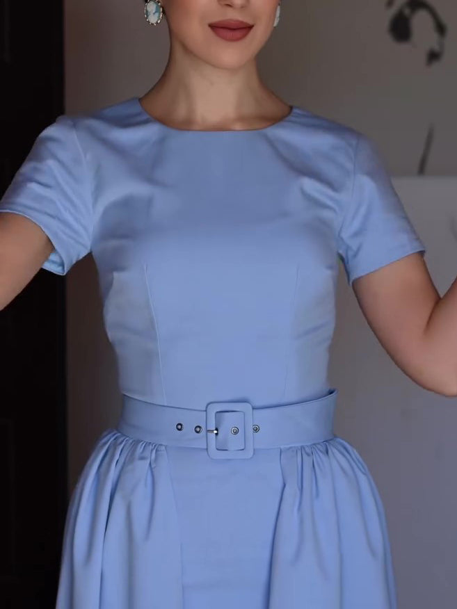Light Blue Elegant Short-sleeved Belt Dress Two-piece Set