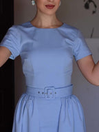 Light Blue Elegant Short-sleeved Belt Dress Two-piece Set