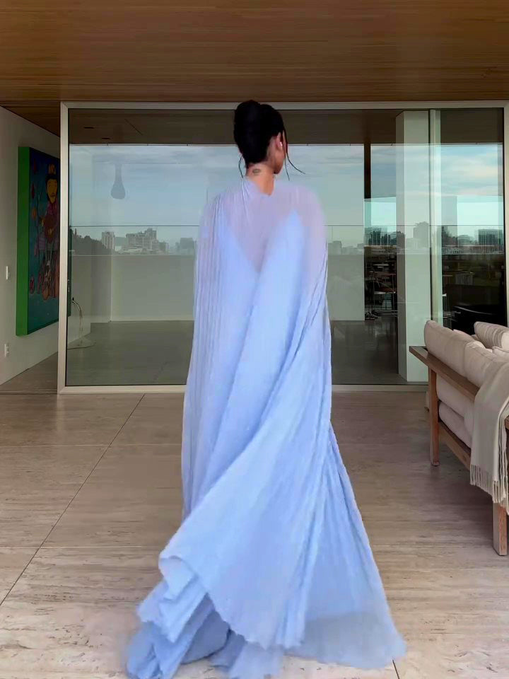 Light Blue Pleated Maxi Dress & Cape Two-piece Set