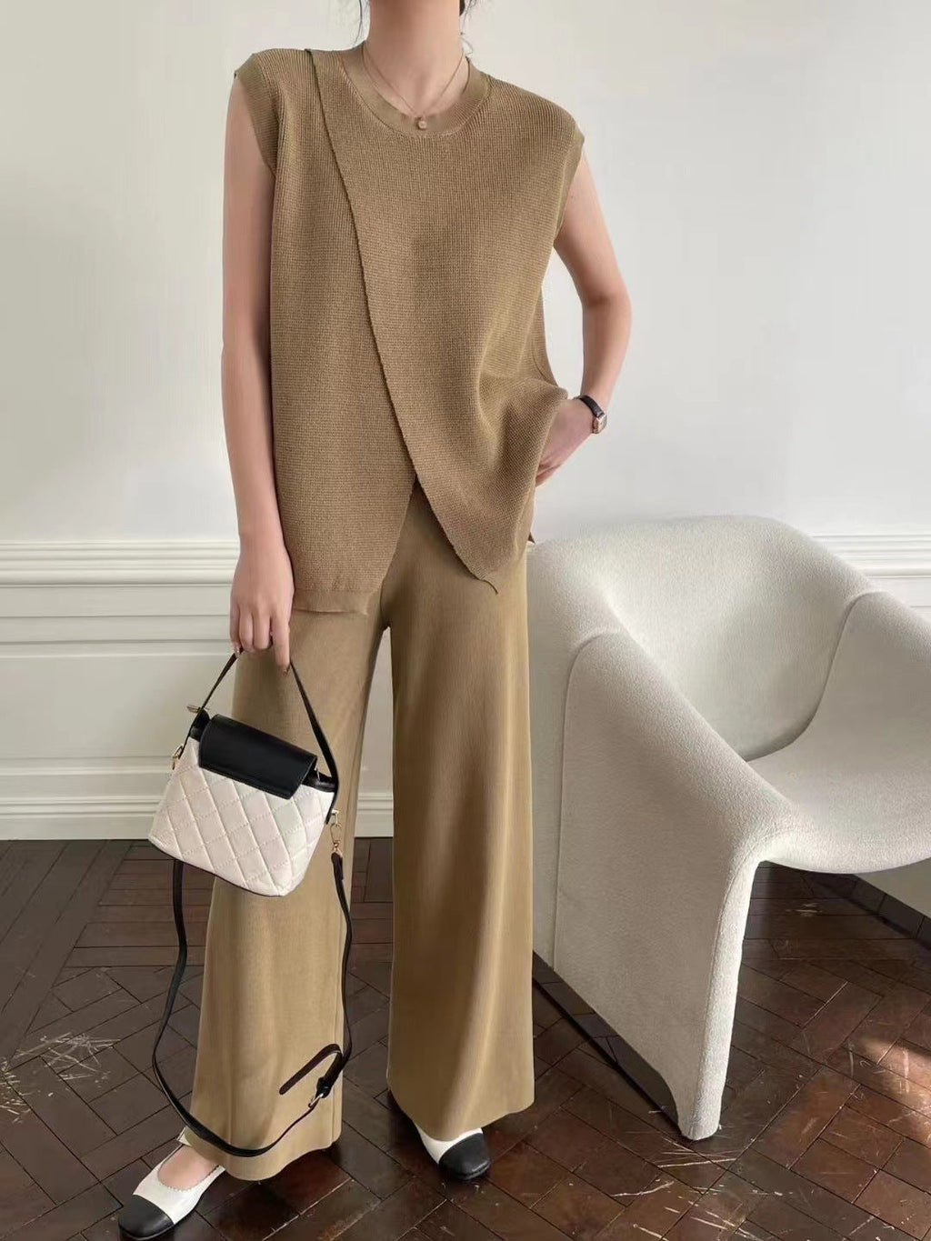 Sleeveless Crew-Neck Slim-Fit Striped Knit Top And Wide-Leg Pants Set