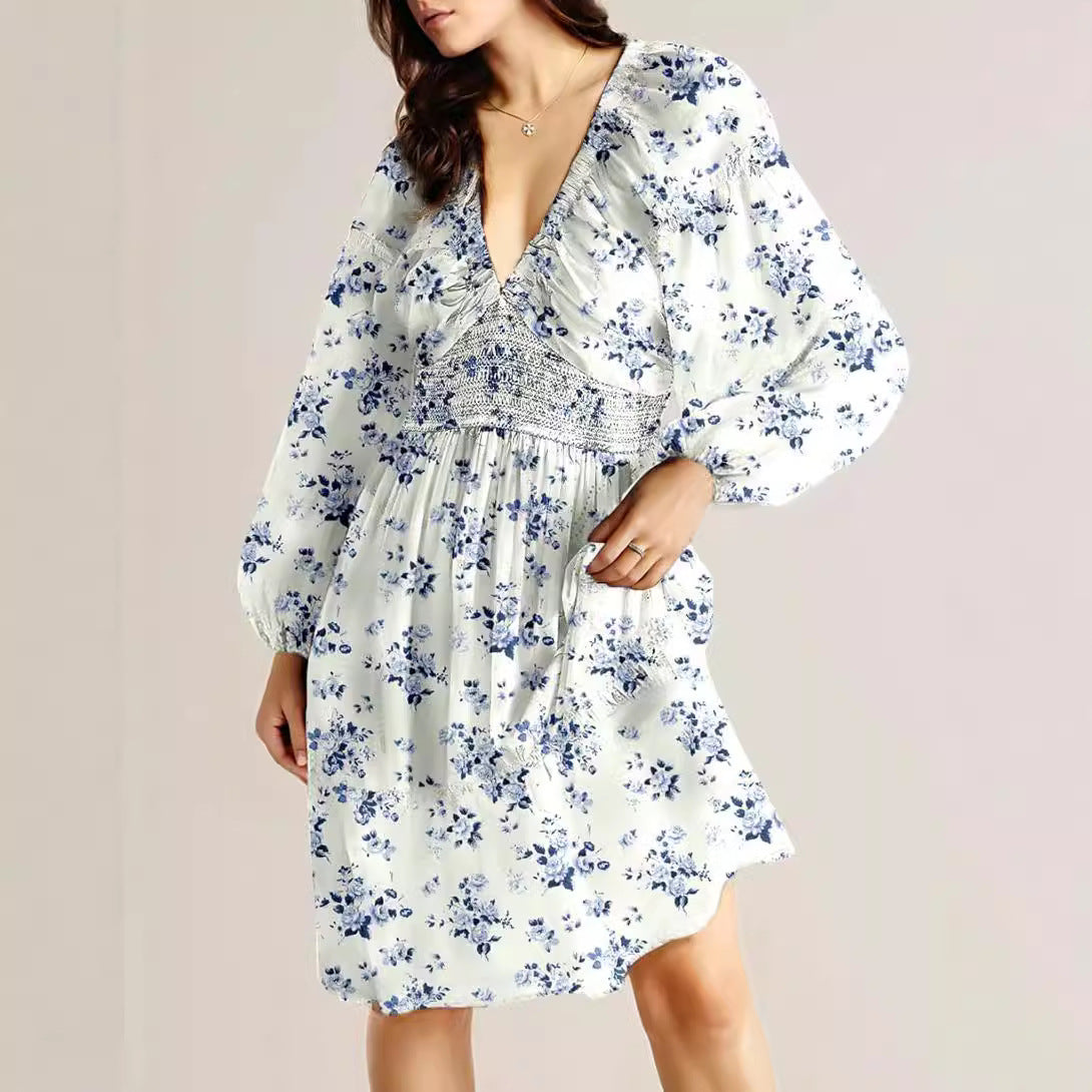 V-neck Long Sleeve Pleated Elastic Waist Casual Dress