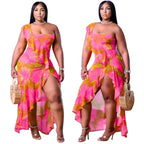 Women's Summer New Arrival One-Shoulder Irregular Printed Ruffle Hem Plus-Size Dress