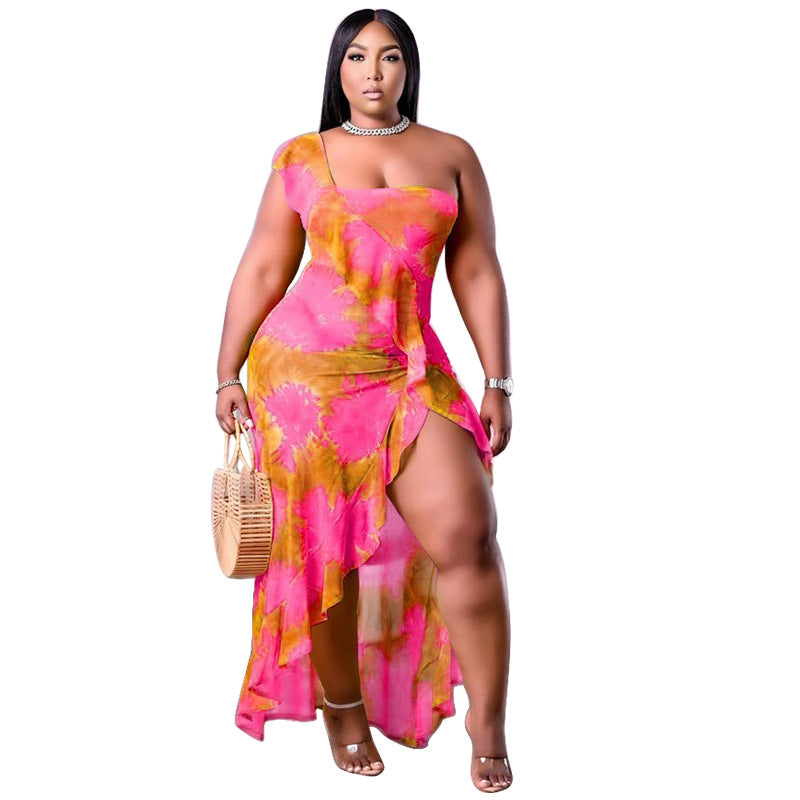 Women's Summer New Arrival One-Shoulder Irregular Printed Ruffle Hem Plus-Size Dress