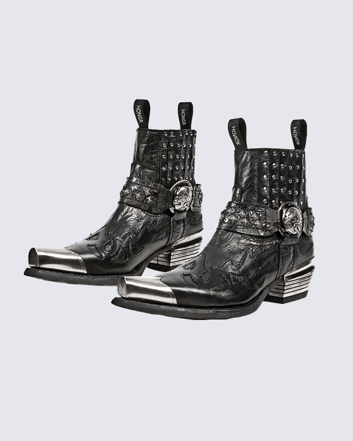Skull Studded Western Ankle Boots – Gothic Cowboy Style