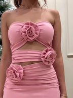 Three-dimensional Floral Pleated Cutout Tube Top Dress