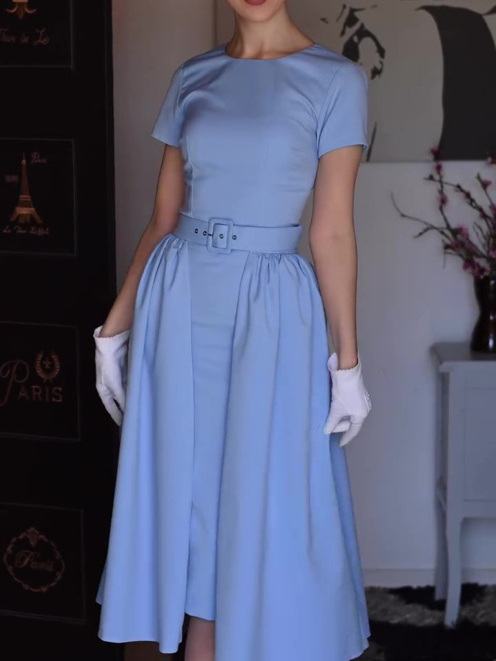 Light Blue Elegant Short-sleeved Belt Dress Two-piece Set
