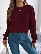 Women Solid Color Hollow Out Lantern Sleeve Pullover Sweater
