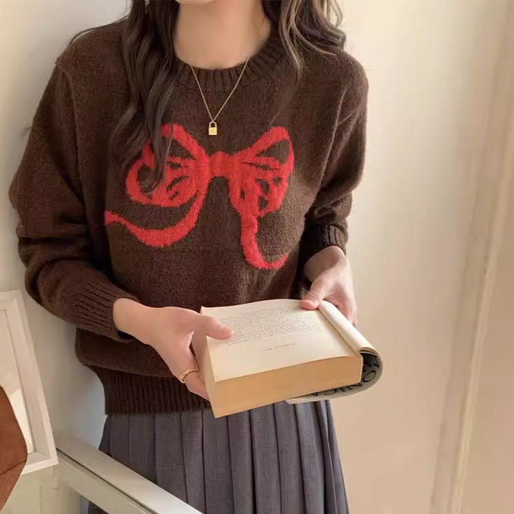 Round-neck Pullover Black Sweater With Bow Detailloose-fitting Comfy Knit Top