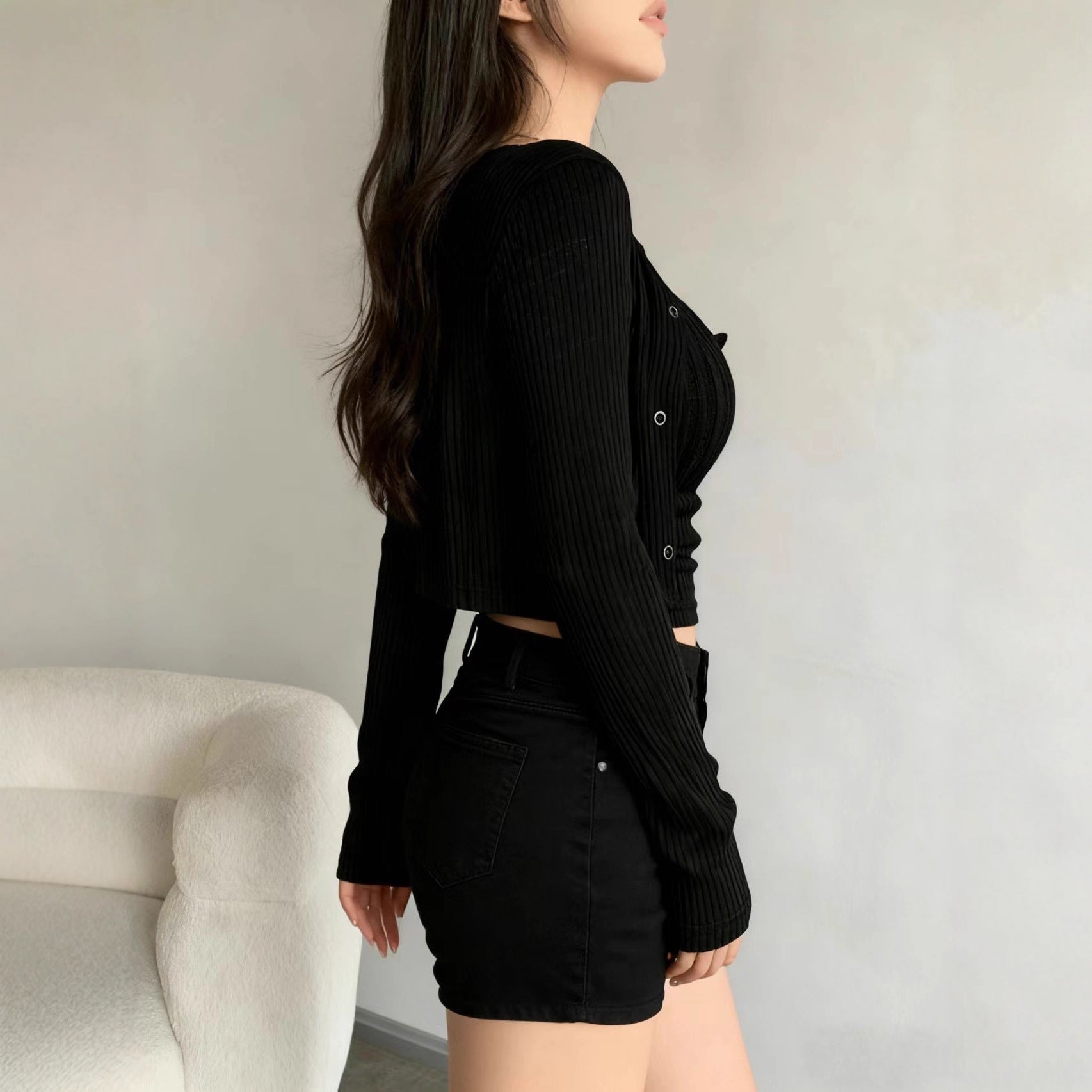 Figure-flattering Long-sleeve Thin Cardigan And Camisole Two-piece Set
