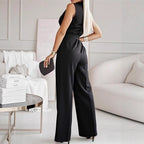Women's Sleeveless Lapel-collar Wide-leg Jumpsuit With Belt And Pockets
