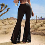 Solid Color Tight High-waisted Lace-trimmed Flared Pants