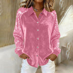 Women's Fashion Sequins Long Sleeve Blouses Casual Solid Long Sleeve Turn-down Collar Button Shirts Top Women Holiday Streetwear Clubwear Clothes