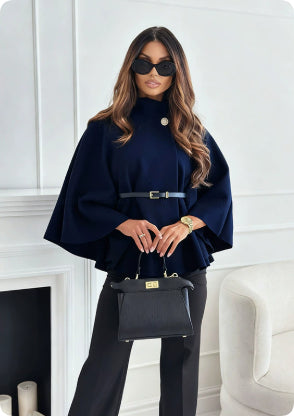 New Stand Collar Batwing Sleeves Cloak Top With Belt Ins Fashion Temperament Jacket Woolen Sweater Outwear For Women Clothing
