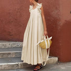 Women's Casual Long Ruffle-Trimmed Solid-Color Dress