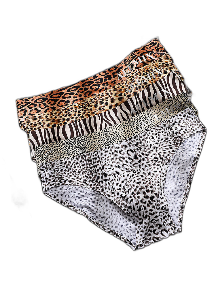 3 Pack ALLMIX Men's 3D Pouch Sexy Leopard Print Ice Silk Briefs