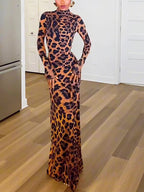 Leopard Print Mock Neck Maxi Dress