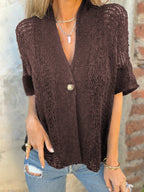V-neck Single-button Half-sleeved Cardigan Hollow Out Knitted Tops For Women Clithing