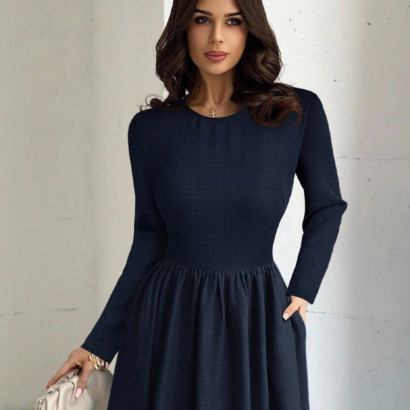 Elegant Long Sleeve Waist Cinching A Line Dress