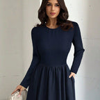 Elegant Long Sleeve Waist Cinching A Line Dress