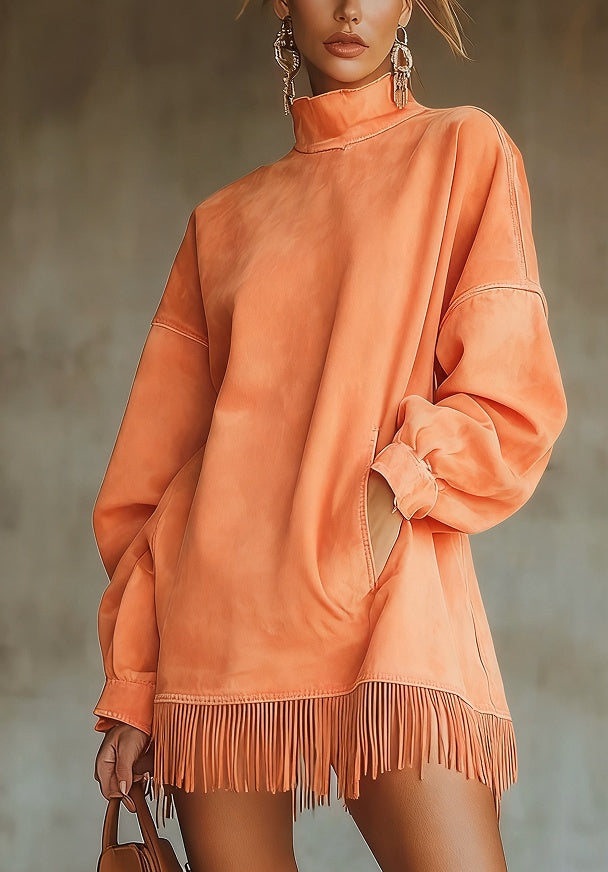 Loose Pocket Tassel Long-Sleeve Suede Dress