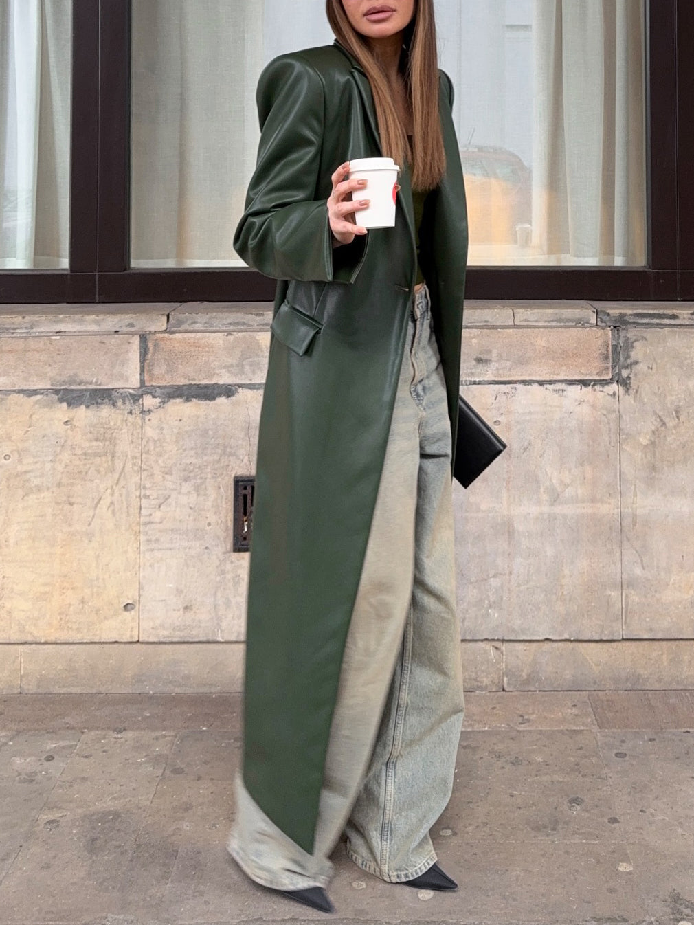 Olive Green Leather Maxi Trench Coat With Shoulder Pads