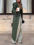 Olive Green Leather Maxi Trench Coat With Shoulder Pads